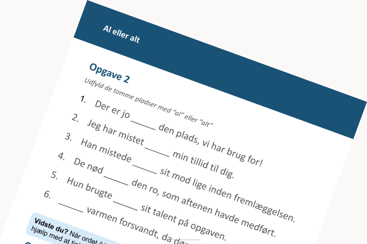 Uddrag fra side 2 af opgaven "Al eller alt" om grammatik.