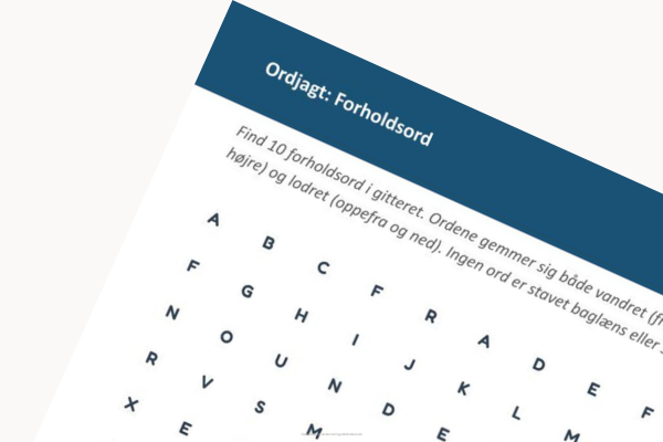 Uddrag af opgave med ordjagt med ordgitter om forholdsord