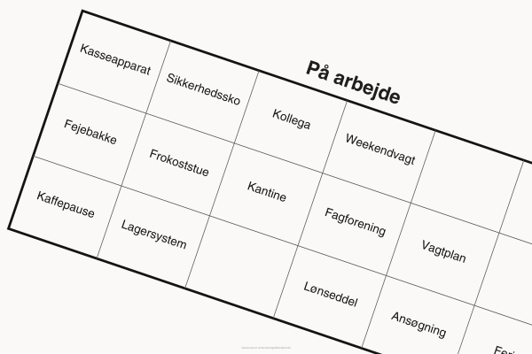 Bingoplade med ord fra arbejdsmarkedet