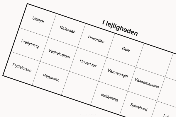 Bingoplade med ord omhandlende lejligheder