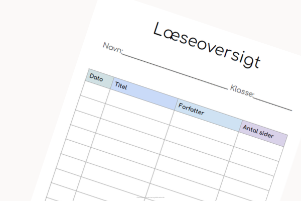 Læseoversigt - Skabelon til registrering af læste sider