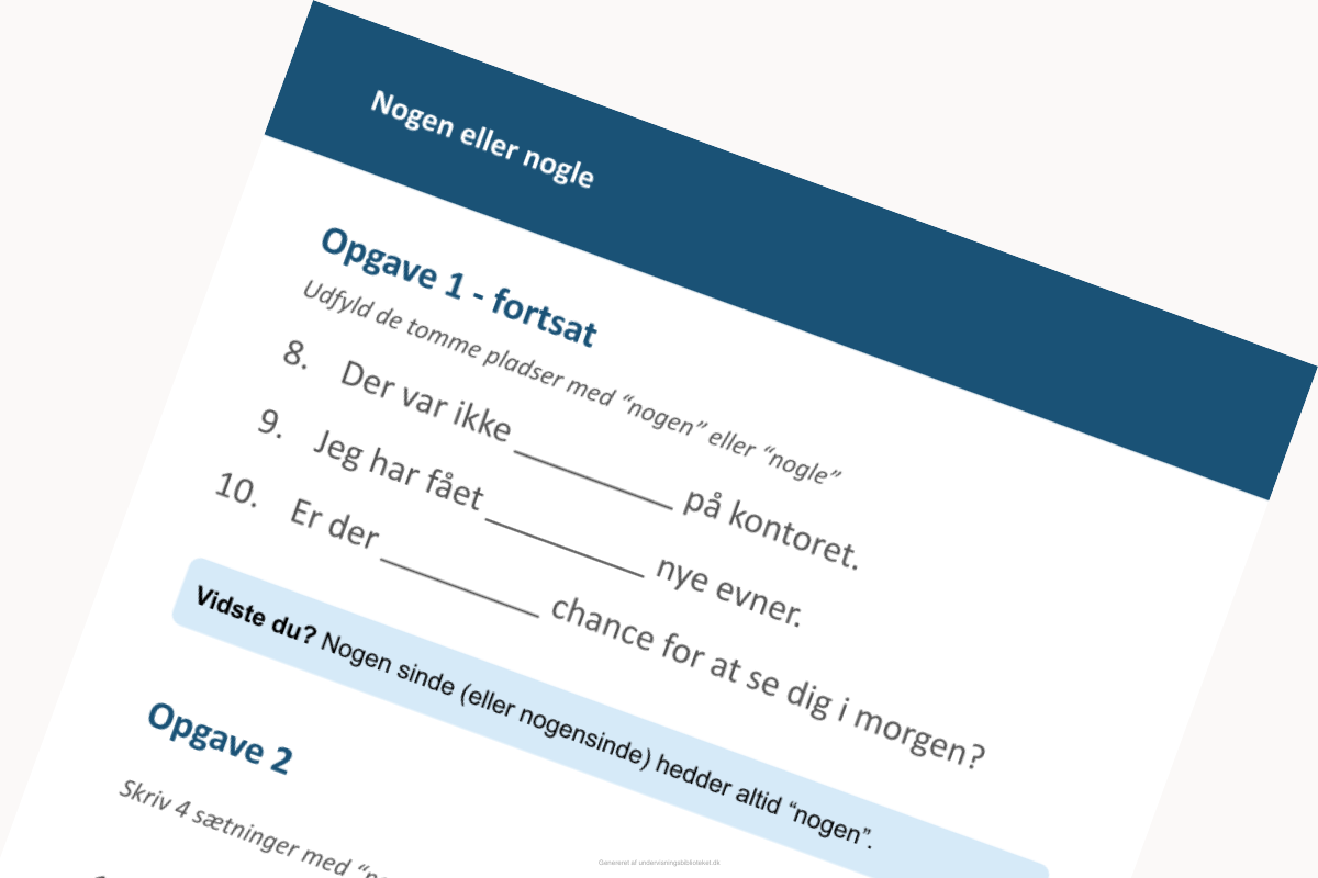 Uddrag fra side 2 af opgaven "Nogen eller nogle" om grammatik.