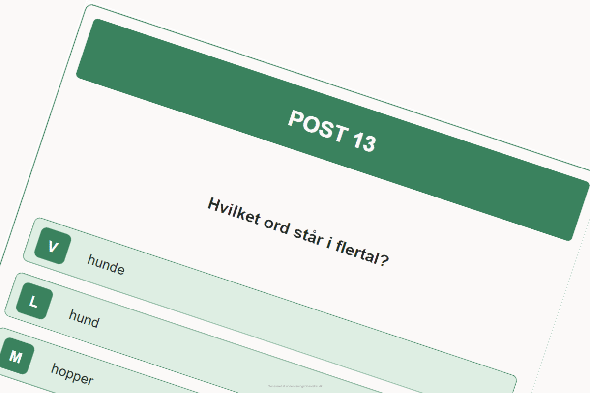 Spørgsmålskort til posteløb om navneord til mellemtrinnet