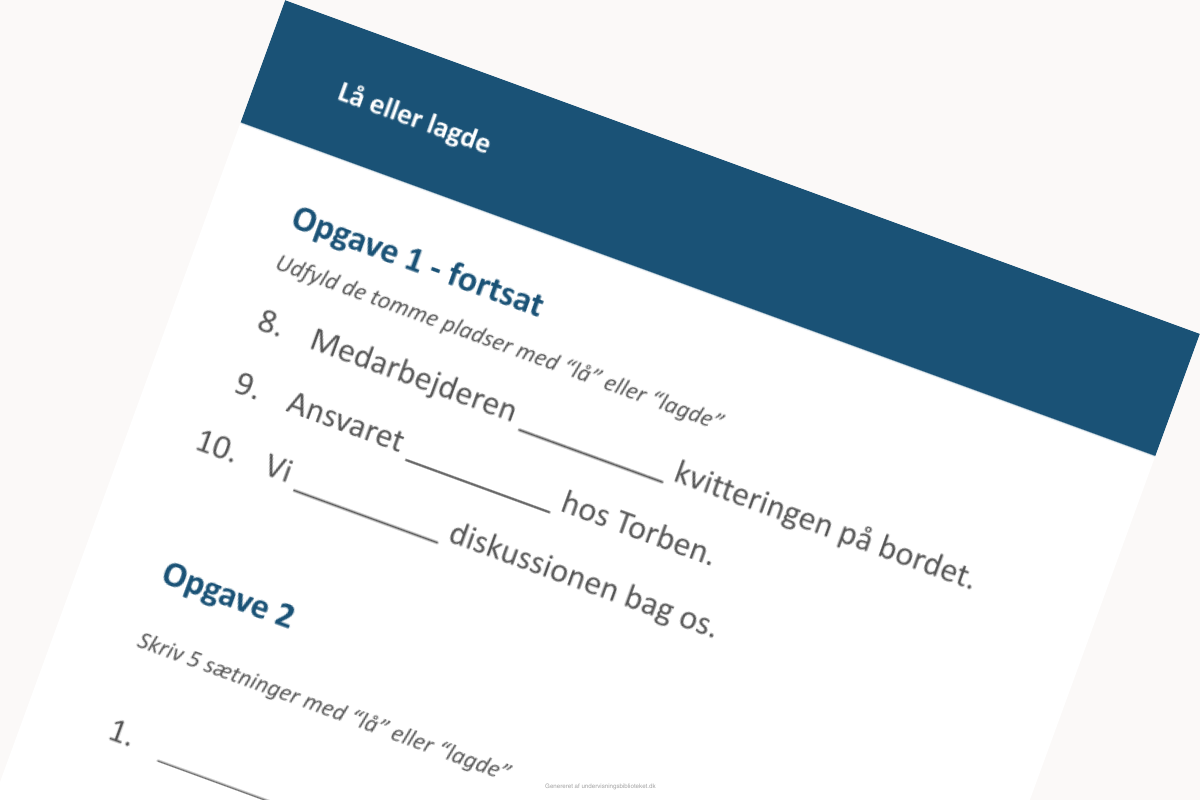 Uddrag fra side 2 af opgaven "lå eller lagde" om grammatik.