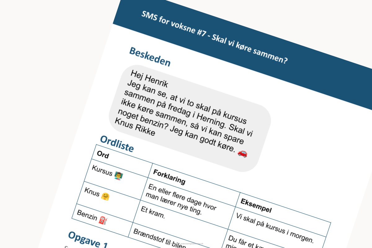 Uddrag af arbejdsark fra kompendiet SMS for voksne - Skal vi køre sammen?
