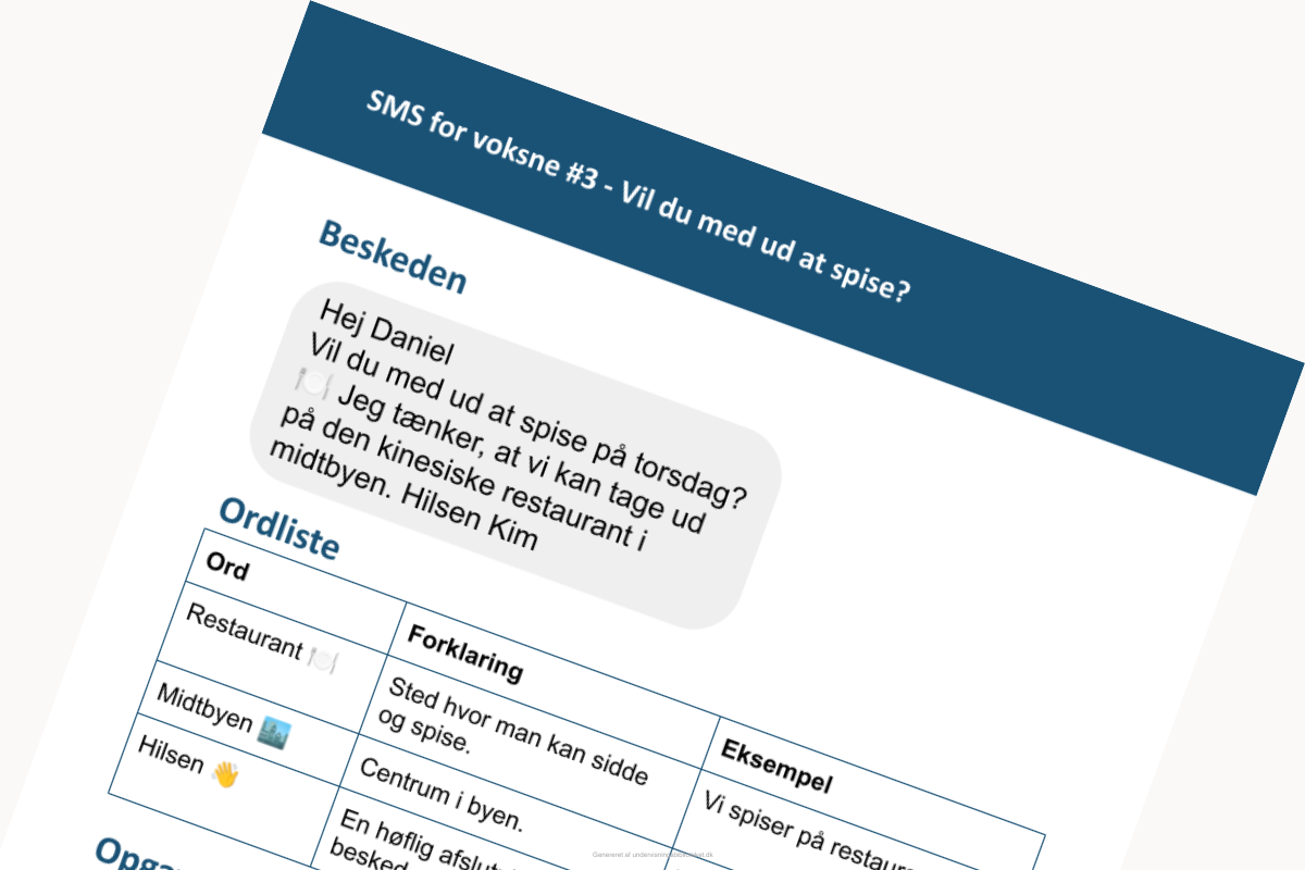Uddrag af arbejdsark fra kompendiet SMS for voksne - Vil du med ud at spise?