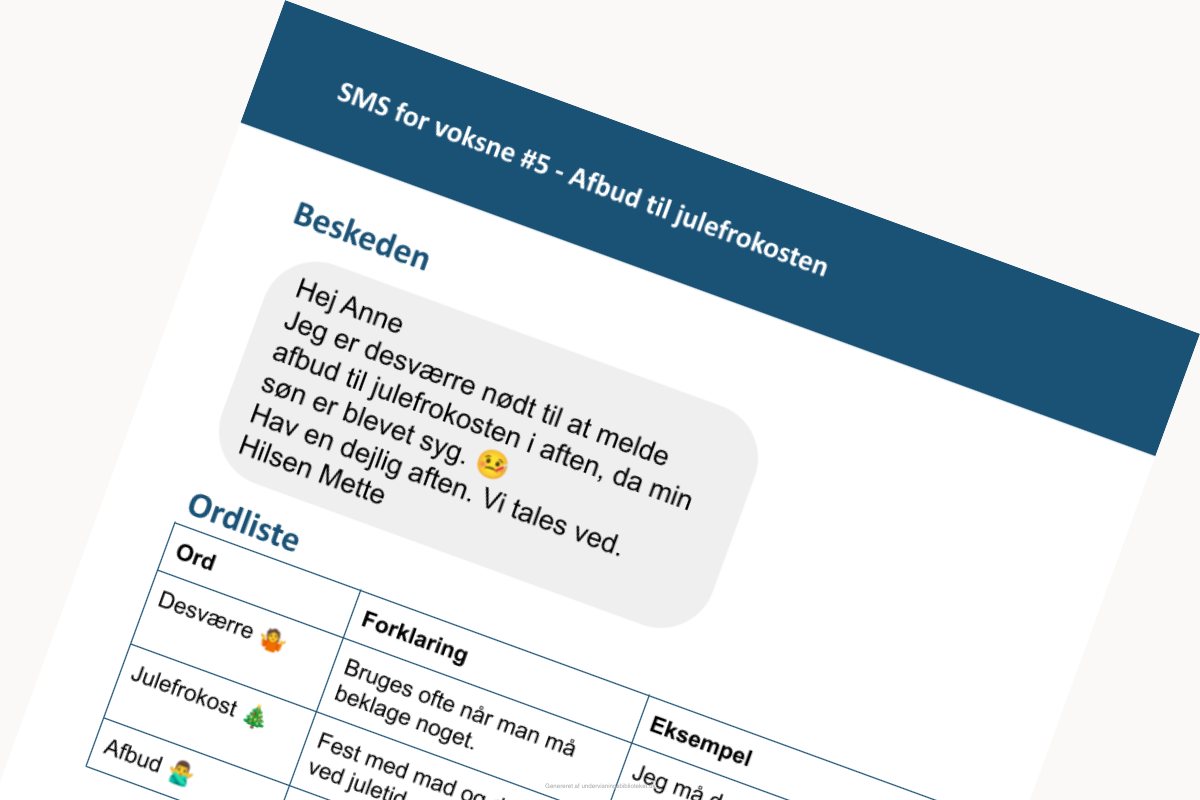 Uddrag af arbejdsark fra kompendiet SMS for voksne - Afbud til julefrokost