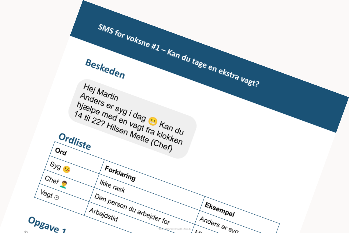 Uddrag af arbejdsark fra kompendiet SMS for voksne - Ekstra vagt