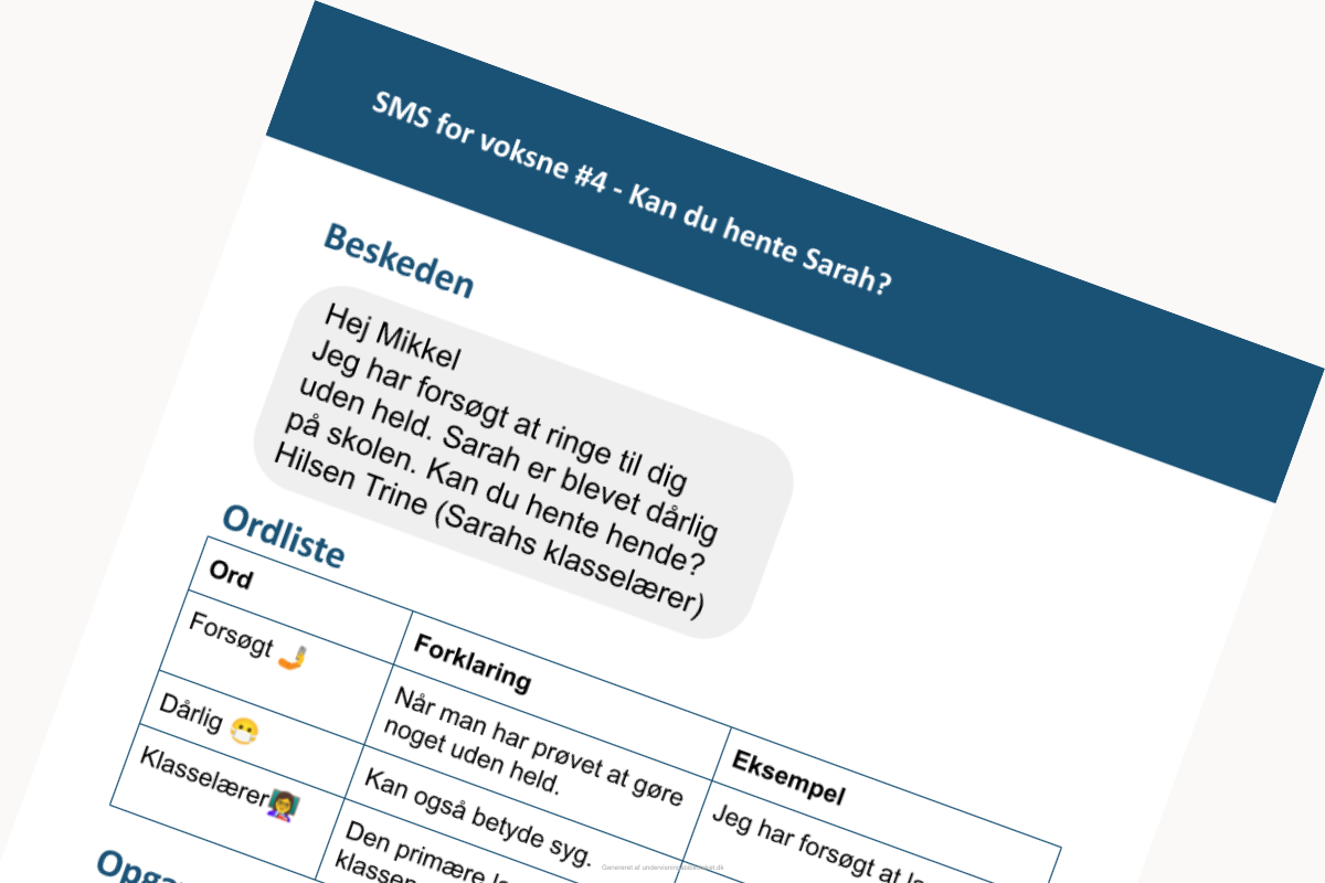 Uddrag af arbejdsark fra kompendiet SMS for voksne - Kan du hente Sarah?