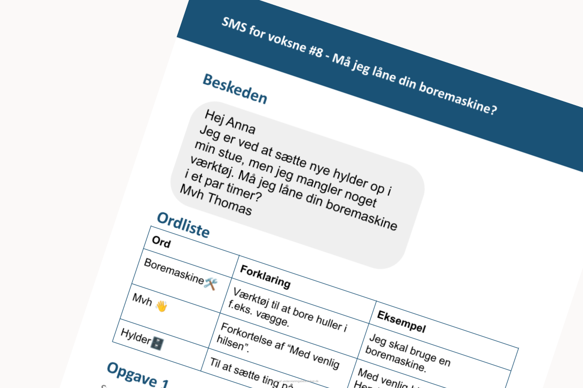 Uddrag af arbejdsark fra kompendiet SMS for voksne - Må jeg låne din boremaskine?