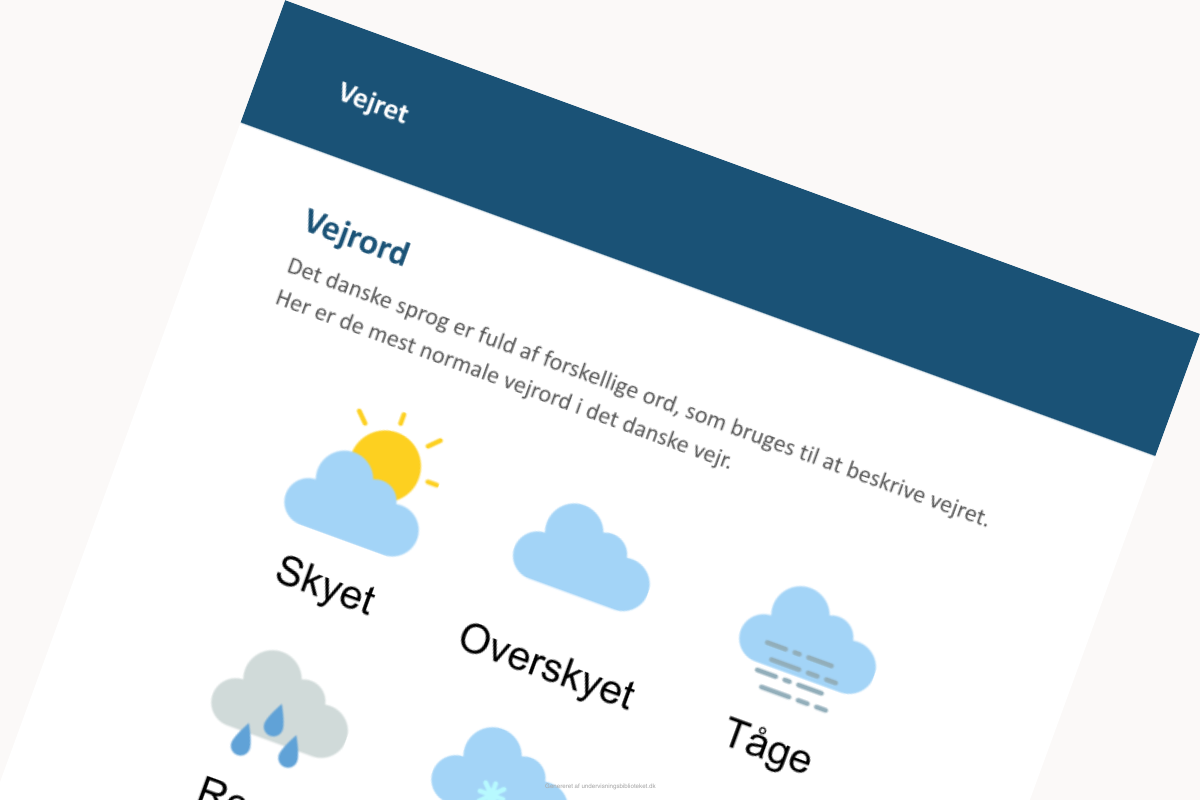 Side 1 fra kompendiet "Vejret" til sprogskolekursister